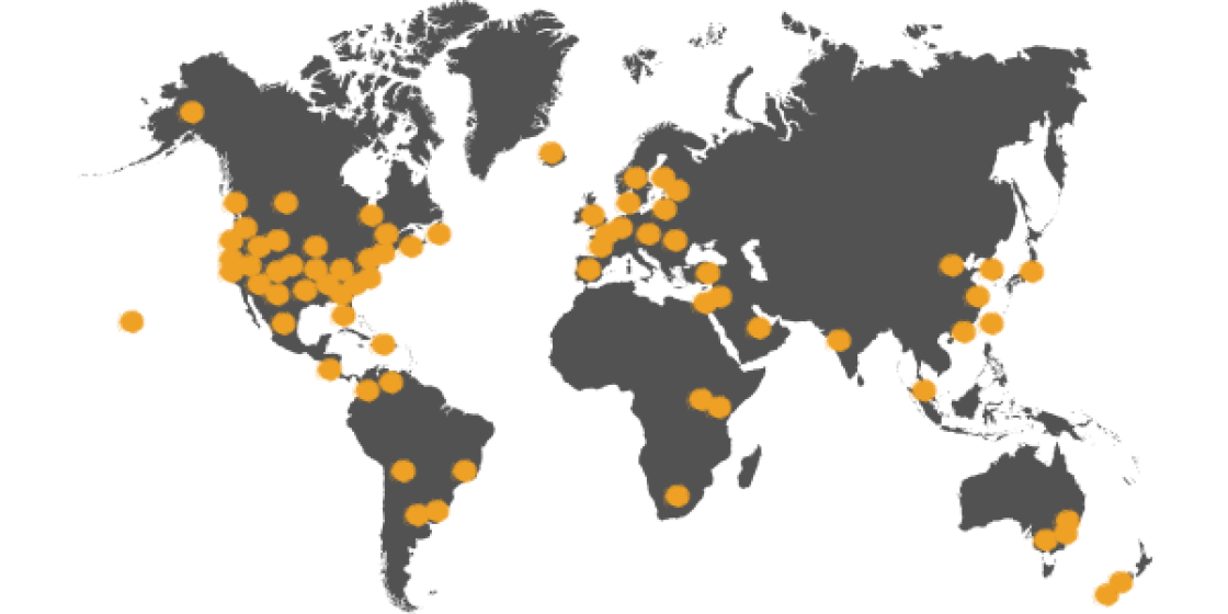 map of world with yellow dots representing student locations